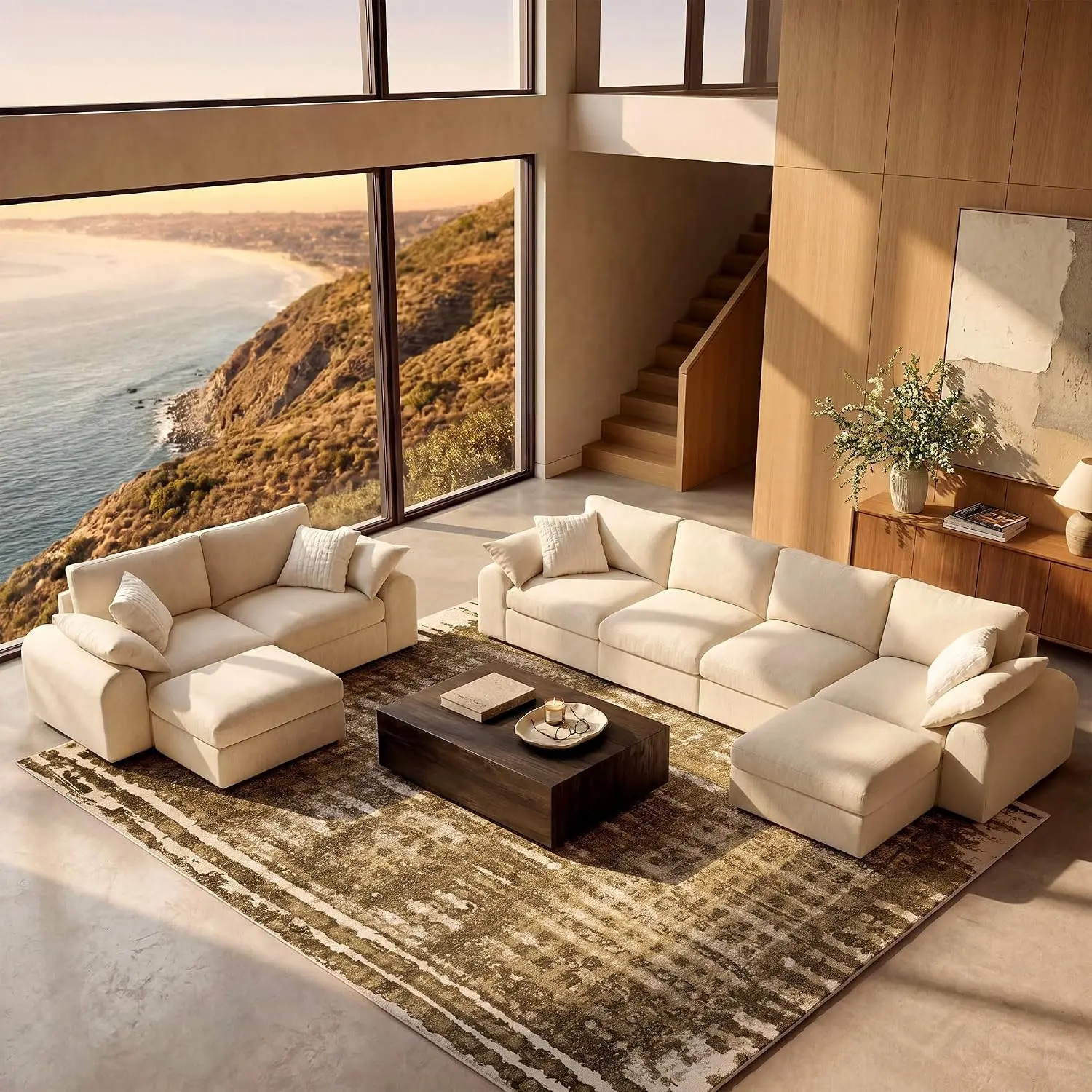 [4 Packages Shipping]ModernMate 2 Pieces Sofa Couch Set, Cozy 145.6" 4-Seater Sofa and 82.6" Loveseat, Sectional Couches w/2 Storage Ottoman, Modular Couches with Removable Chenille Cover, OEKO-TEX Fabric, Tool-Free Assembly, Beige