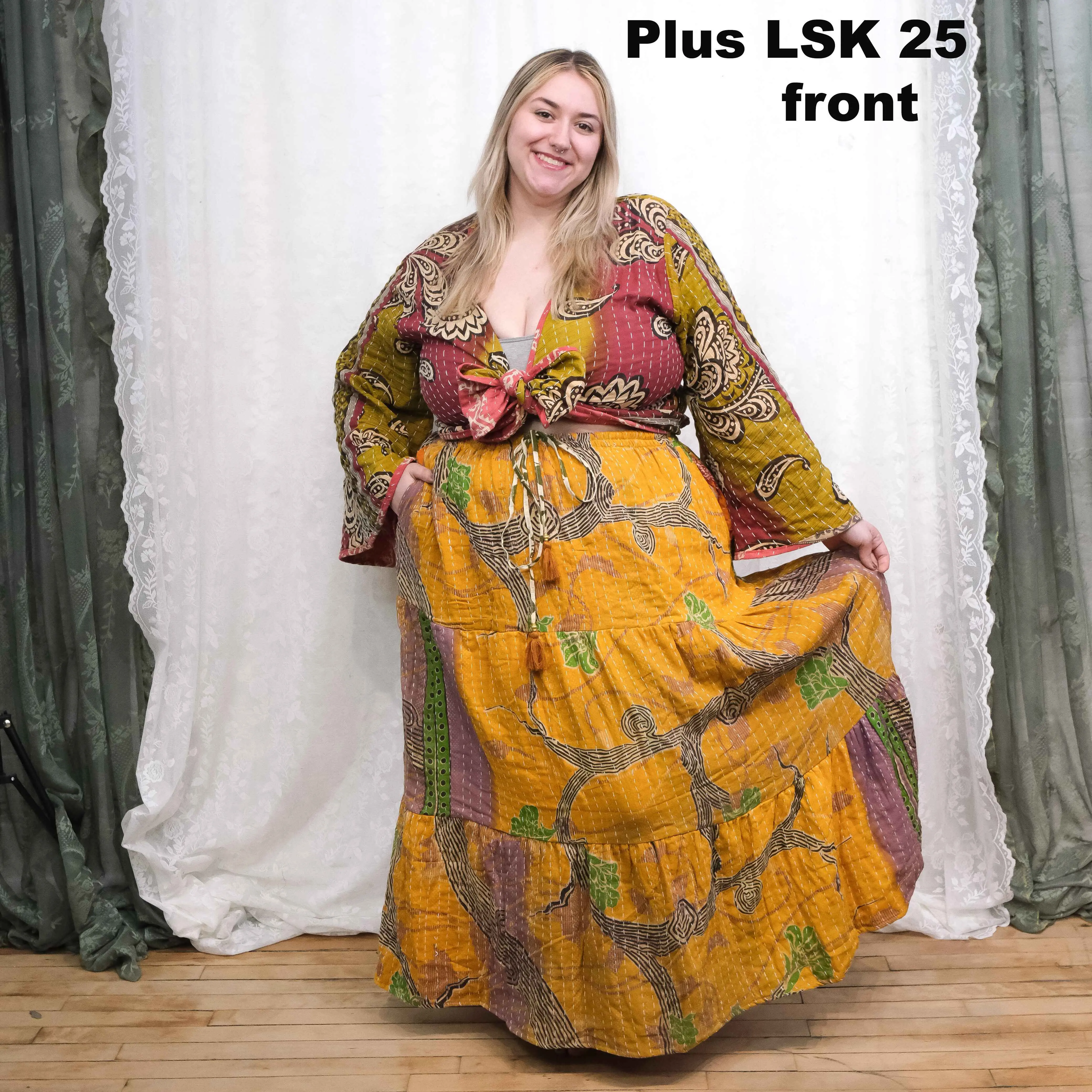 Kantha Long Tiered Skirt with Pockets, Plus Size Handmade Cotton Flowy Skirt, Boho Hippie Skirt, Gypsy Summer Maxi  Skirt, Bohemian Vintage