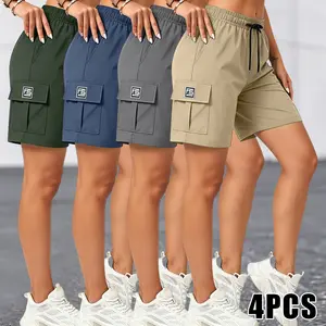 Pack of 4 women’s summer fashion casual solid-color cargo shorts with drawstring waist and pockets, featuring a simple large patch pocket; suitable for outdoor leisure, sports, everyday fashion outfits; women’s clothing, women’s summer apparel.