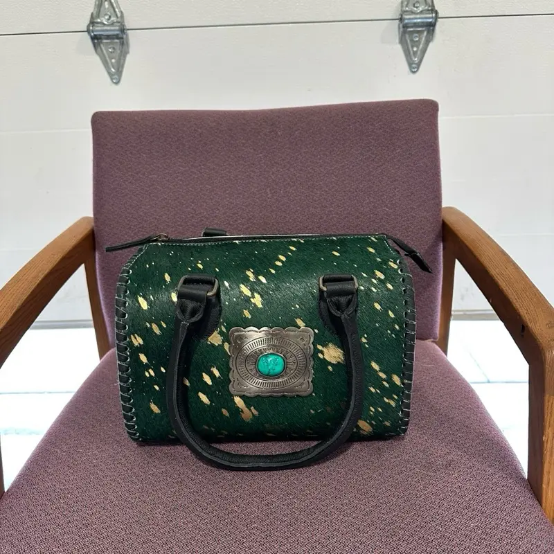 MEDIUM Green Speedy Bag with Gold Accents and Turquoise Gem Stone for Women