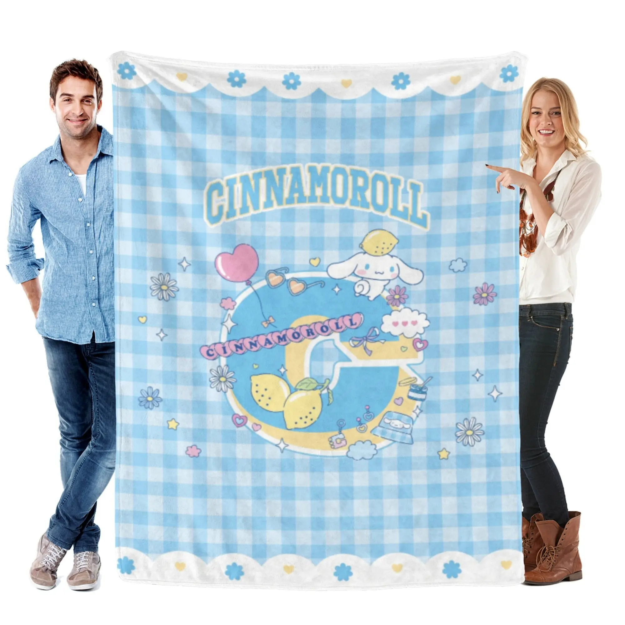 [SummerVibes] SANRIO CLASSIC Cinnamoroll Soft Flannel Blanket, Blue Plaid 2D Cartoon Print Cozy Throw for Bed, Couch, Office Nap & Kawaii Home Decor