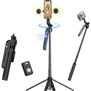 70.9" Auto Face Tracking Selfie Stick Tripod for iPhone, Android Smartphones, Cellphones, Mobile Devices, with Lights, No App, 360° Rotation, Remote Control, Camping Accessories for Live Streaming, TikTok