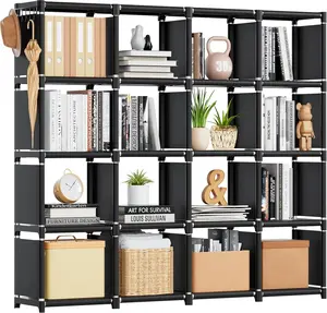Black Cube Storage Organizer - 16-Grid Cube Shelf Cubbies for Home, Office, and Bedroom with Versatile Design