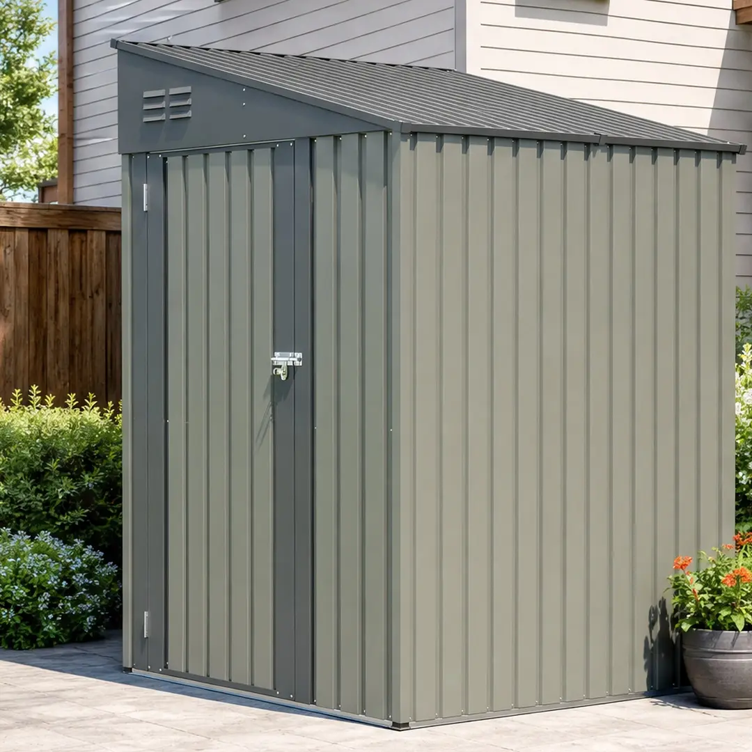 Heavy-Duty Galvanized Steel Lean-To Garden Storage Shed 4x7 FT, Outdoor Backyard Patio Organizer with Lockable Double Doors, All-Weather Protection, Gray/Olive Color Options for Garden Tools Bicycles, Garden Storage Sheds
