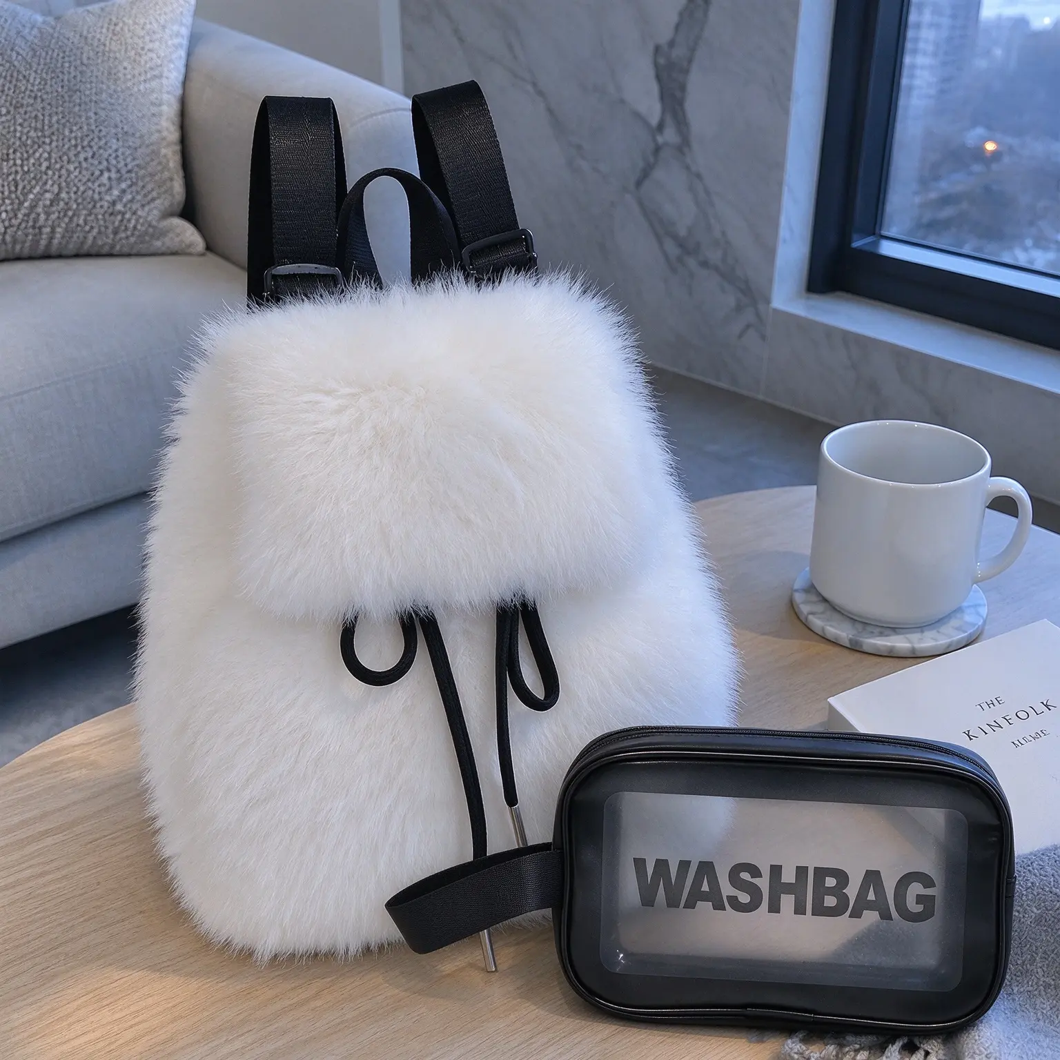 Women’s 3-Piece Fluffy Faux Fur Drawstring Backpack Set - Y2K Aesthetic Winter Daypack, Random Bag Charm, Clear Makeup Toiletry Bag for School, Travel