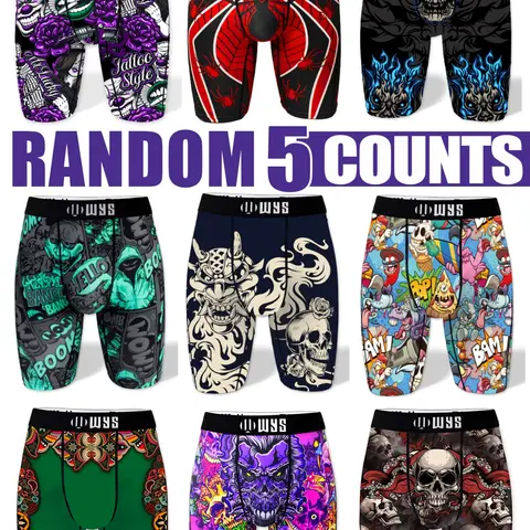 Men's Long Briefs Set of 5, Multicolor Random, Halloween Prints, Skull Spider Money, Sports Underwear, Moisture Wicking, Quick Dry, Performance Boxer Briefs, Printed Boxer Briefs, Elasticity Design Underwear