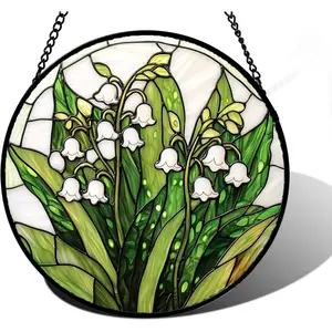 Stained Glass Window Hanging, Lily of the Valley Flower Sun Catchers Colorful Glass Panel Green Plants Suncatcher Decor for Birthday for Women,Men,Wife, Lovers, and Mom 6.3 in