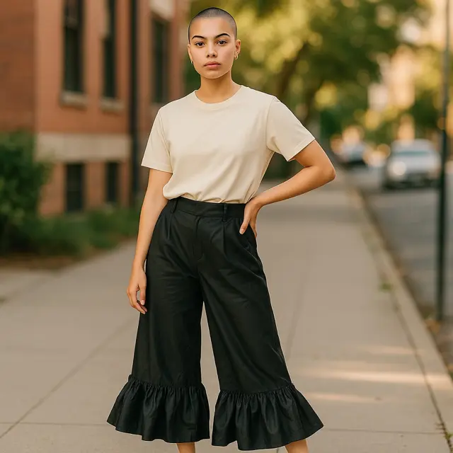 Ruffle Bottoms Wide Bell Bottoms Elephant Pants - Pink or Black, Casual, High Waist, Fitted, All Seasons, Ruffle Detail Comfort Comfortable