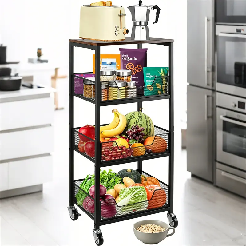 3-Tier Rolling Fruit & Veggie Basket Stand – Sturdy Wood Top, Mobile Utility Cart for Kitchen, Pantry, Office & Bathroom