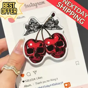 Cherry Skull Magnetic Phone Grip–Gothic Aesthetic, Cherry Skull Design, Amazing Phone Holder, Dark Fantasy Phone Accessory, Lace Bow Detail