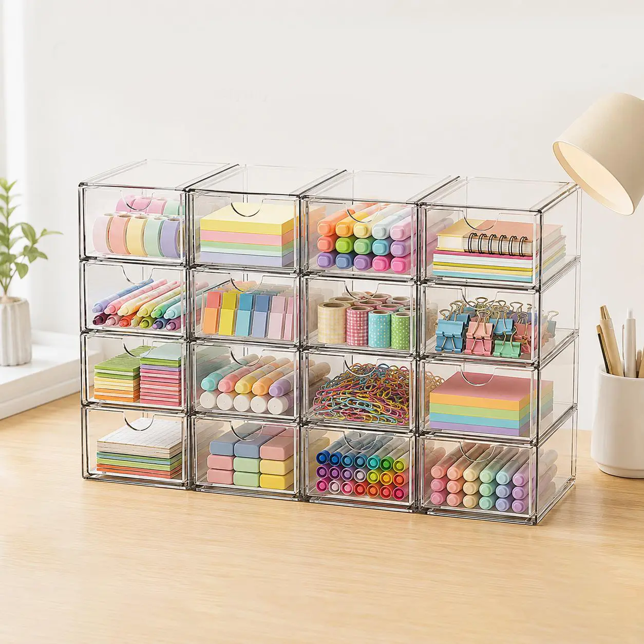 Stackable 16-Drawer Storage Organizer | Clear Acrylic Drawers for Kitchen Pantry, Home Countertop & Bathroom | Multi-Purpose Space Saving Box