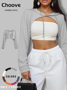 women's basic plain drawstring high low drop shoulder crop hoodie, minimalist casual long sleeve hooded pullover for spring & fall, for daily womenswear, hoodies for women, fallfreshness, downtown girl clothes, comfort hoodies