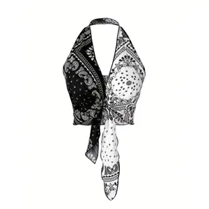 Scarf Print k Tie Front Halter Top for Women
