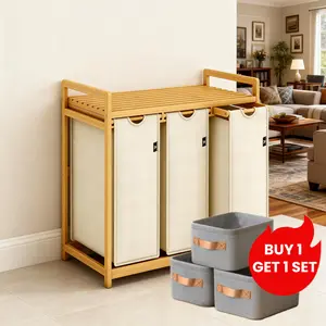 【Buy 1 Get 1 Set】Bamboo Shelf With Laundry Hamper, Single-layer With 3 Section, Laundry Sorter with Removable Cotton Bags -Three Compartment Organizer for Clothes - Durable, Eco-Friendly, and Stylish Storage,Home Storage Solution.