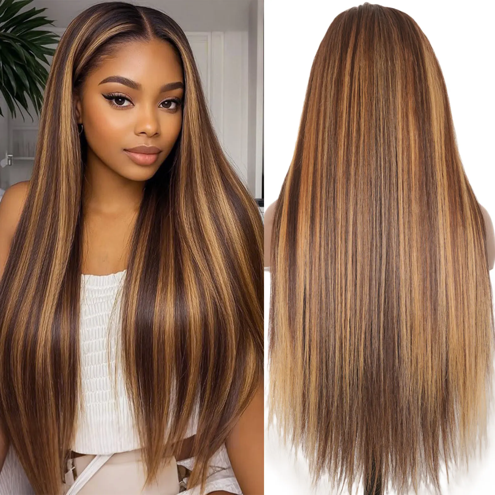 MIRELLE 13x6 Synthetic Highlight Honey Blonde Lace Front Wigs for Women HD Transparent Straight Lace Frontal Wig Pre-Plucked with Baby Hair Heat Resistant Fiber 30 Inches 220 Density #4/27