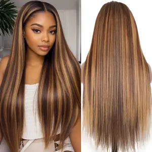 MIRELLE Highlight Honey Blonde Wig - 13x6 Synthetic Lace Front Wigs for Women - HD Lace Straight Frontal Wig Pre-Plucked with Baby Hair Heat Resistant Fiber 30 Inches 220 Density