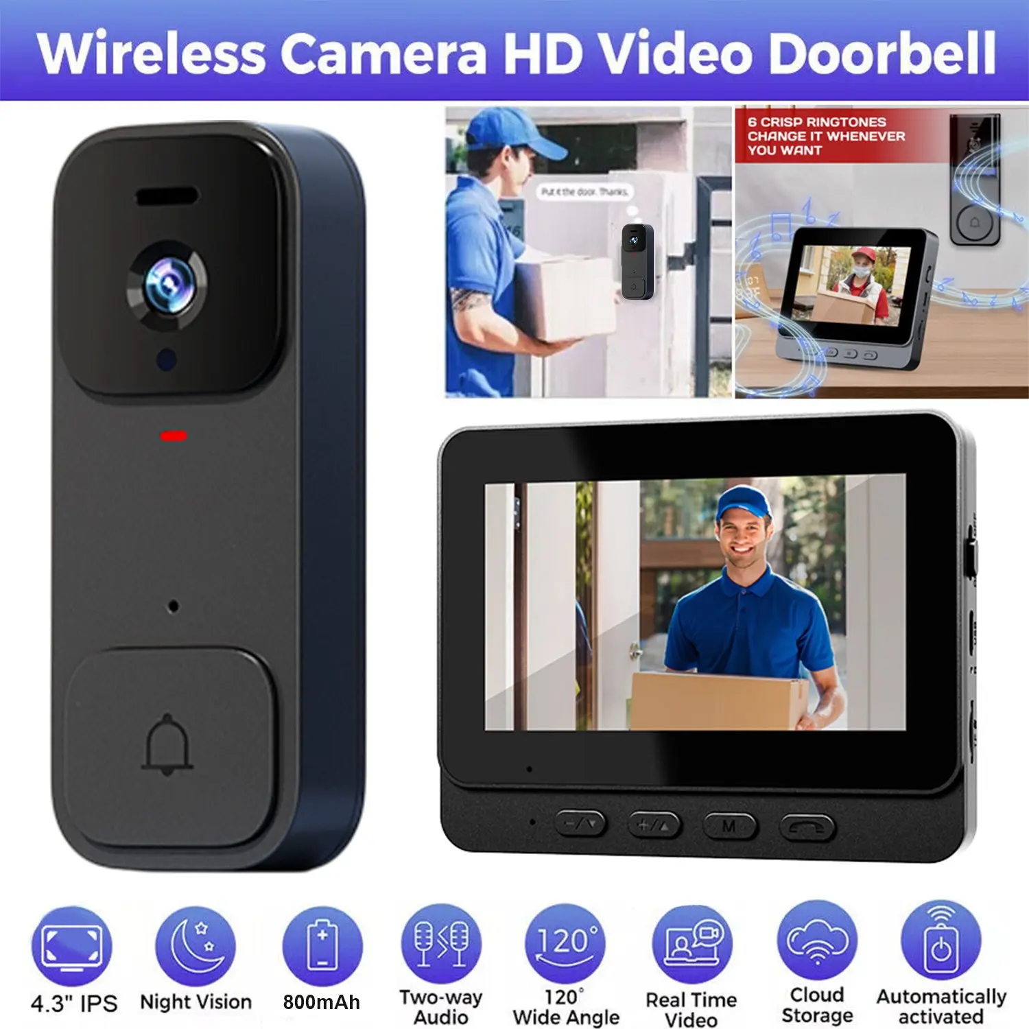 X7 Smart Video Doorbell, 4.3 Inch Color Screen, HD Video Intercom Monitor, Long Battery Life, No Network Needed, Supports Two-Way Audio
