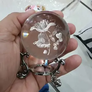 3D Laser Engraved Love Crystal Ball, Silver Color Stand, Glass Sphere Decor, Unique Plant Statue, Father's Day Gift, Mother's Day Gift, Artificial Crystal Decorated