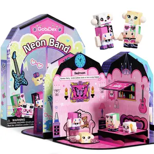 GobiDex Neon Band Theme Dollhouse Playset, All-in-One Collectible Toy for Kids Ages 3-12, Pretend Play Set Mini Pet Shop with Magnetic Figures & Stickers, LPS Compatible