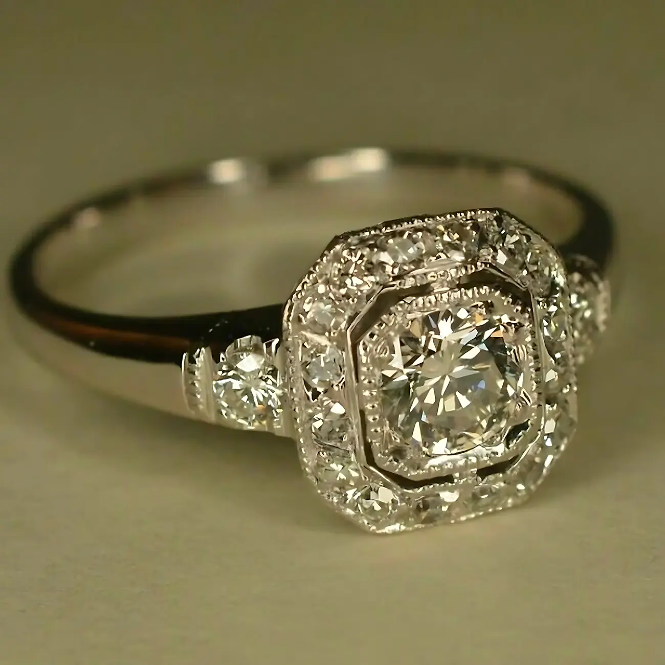 Art Deco Double Halo Engagement Ring - Gold Plated, Beaded Gemmed, Simulated Crystal 2-Row Vintage Bridal Promise Ring, Gold Plated Rings, Beaded Gemmed Rings