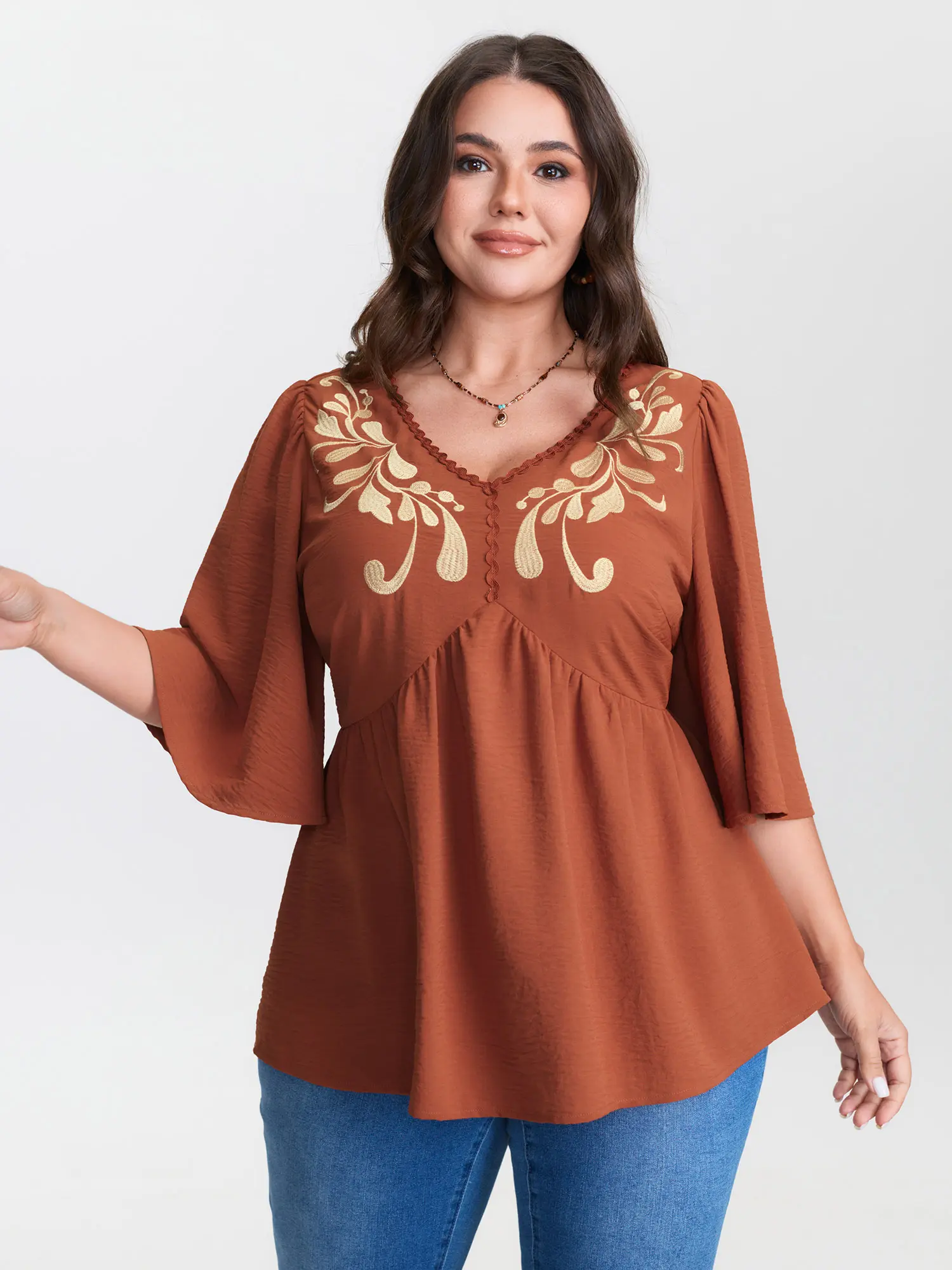 BLOOMCHIC Women's Plus Size Fit Floral Embroidery V-Neck Pleated T-Shirt - Short Ruffle Sleeves, Resort Wear, Blouse,M-6X, 2026 Summer Vibes, Red Womenswear,Summerfinds