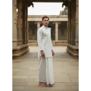 White Cotton Dhoti Chadar Set w/ Colored Border