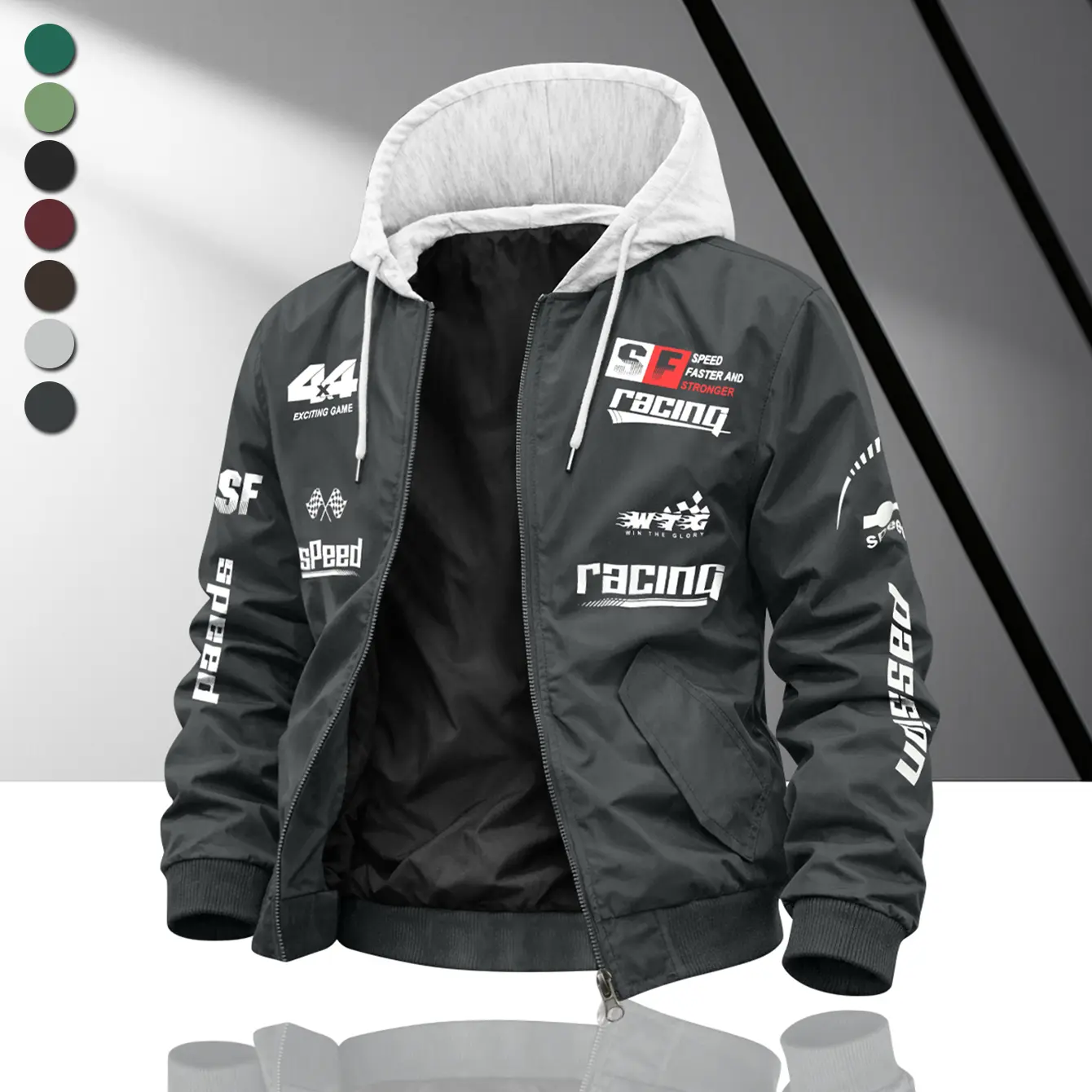 Men’s new letter-print outdoor sports streetwear hoodie baseball jacket—a stylish, casual color-blocked aviator hoodie jacket with long sleeves, comfortable and versatile, suitable for autumn and winter; men’s outerwear.