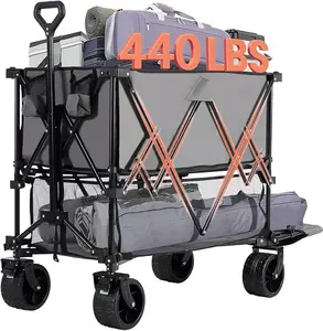 Folding Wagon Double-Decker Heavy Duty Trolley – Portable, 440-Lb Large Capacity, Oxford Fabric, Brakes, Easy Collapse for Home Improvement Building Supplies (Collapsible Folding Trolley)
