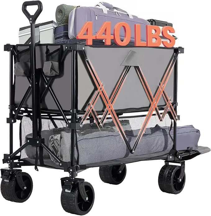 Heavy Duty Double-Decker Folding Wagon - 440lb Capacity Collapsible Garden Cart, Adjustable Waterproof Oxford Fabric, Brakes, Portable Compact Pack, 22.44in Home Improvement Building Supplies Trolley