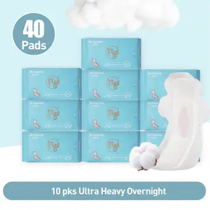 10 Packs/40 Counts Zhuyin NUltra Long Night Sanitary Napkin, Organic Cotton Super Absorbency Menstrual Pads with Wings for 430mm Night Pads, Unscented, for Extremely Heavy Flow Feminine Pads Bundle
