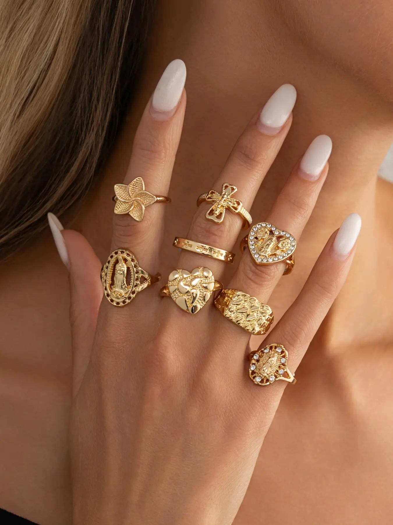 7-Piece Vintage Mother Mary Flower Ring Set, Casual Metal Finger Rings for All Seasons, Unique Stackable Design, Lead-Free Dainty Jewelry