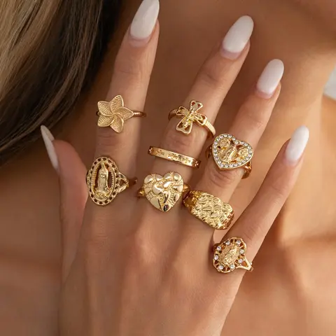 7-Piece Vintage Mother Mary Flower Stunning Ring Set, Casual Metal Finger Rings for All Seasons, Unique Stackable Design, Dainty Stacking Rings, Lead-Free Dainty Jewelry
