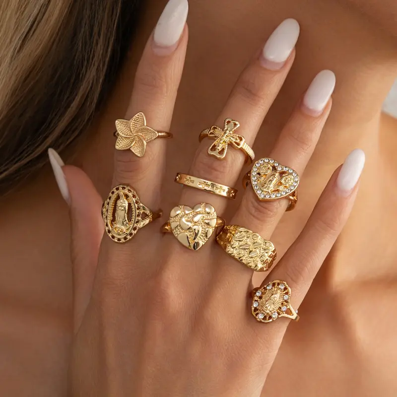 7-Piece Vintage Mother Mary Flower Stunning Ring Set, Casual Metal Finger Rings for All Seasons, Unique Stackable Design, Dainty Stacking Rings, Lead-Free Dainty Jewelry