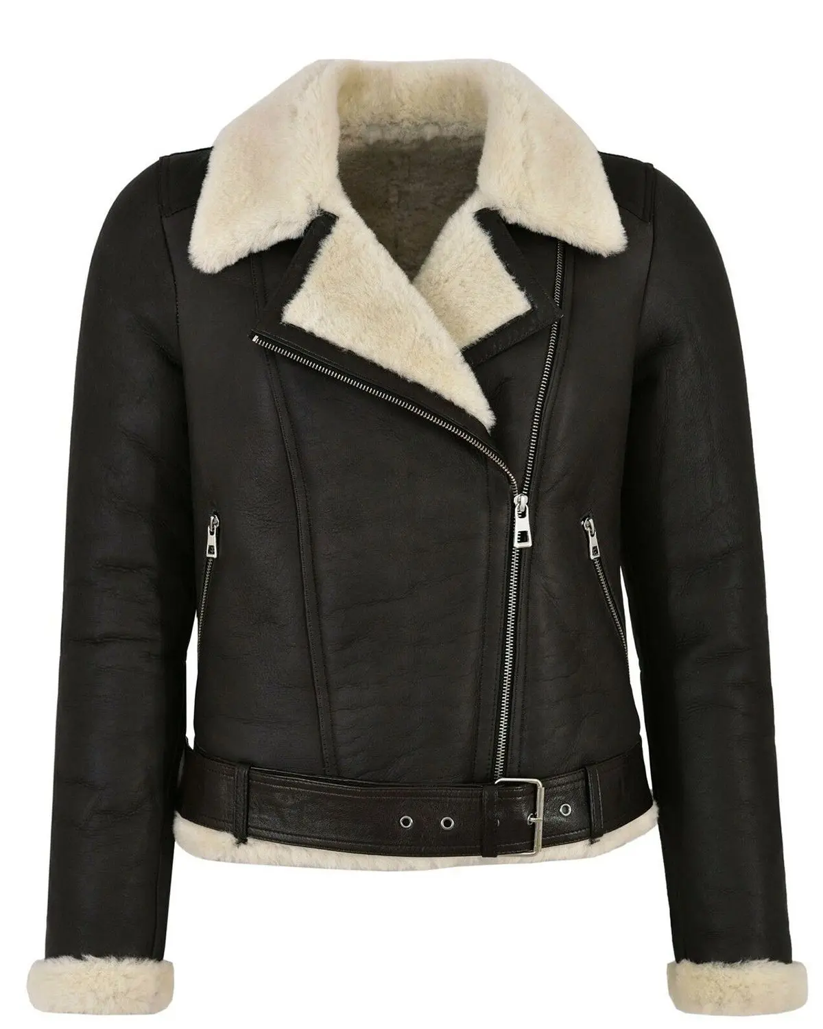 Women's Genuine Leather Faux Fur Shearling Biker Jacket