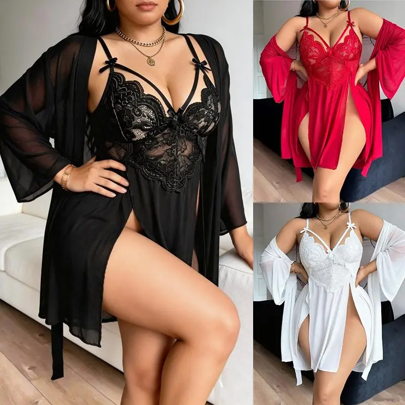 Women Sleepwear Stylish Women Print Mesh Lingerie Lace Lingerie Two Pieces Set