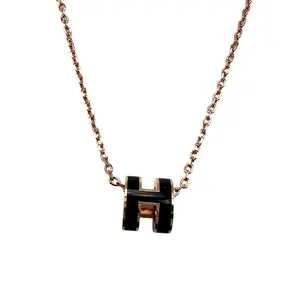 Pre-owned Hermes Mini Pop H Necklace Rose Gold Plated Chain/Black H HMN03