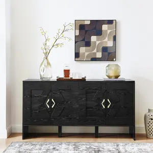 Aobtkel® 60" 1960s Style Mid Century Modern Sideboard Buffet Cabinet - TV Stand with Geometric Pattern, Adjustable Shelves, Built-In Outlets, Easy Install for Living Room, Dining Room, Black, 1960S Style Sideboards