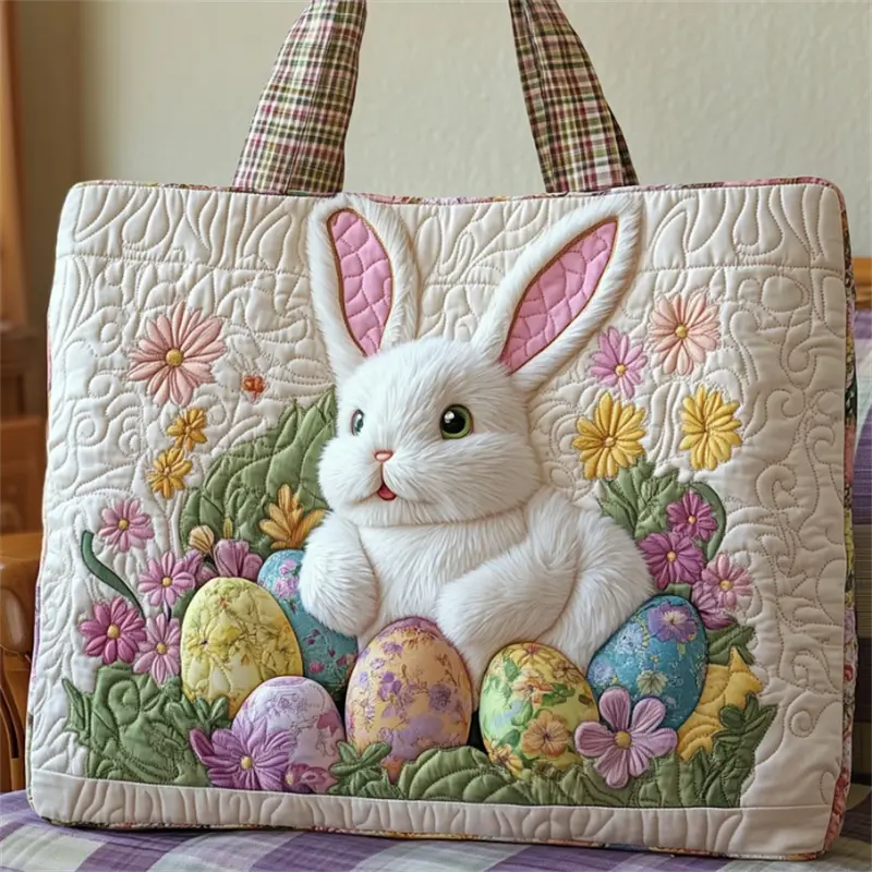 Travel Handbag, Women Easter Bunny Egg Floral Animal Art Print Vintage Quilted Polyester Printed Travel Bag, For Weekend Getaway Easter Holiday Outdoor Travel Festival Trip, Large Capacity Lightweight Reusable Durable Storage Carry Bag