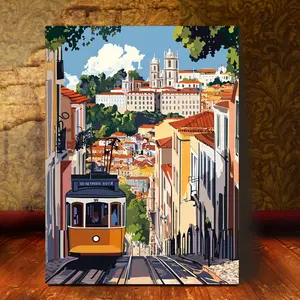 1 Piece, 2D Flat Wooden Frame Canvas Wall Art Ready to Hang, Lisbon Portugal Travel Poster Digital, Bedroom Living Room Canvas Decoration Wall Art, Home Wall Decoration with Frame LLPKH2179