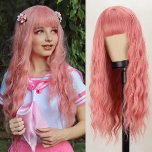 Missqueen Long Pastel Pink Wig with Bangs,Synthetic long Light Pink Wigs for Women,Heat Resistant Wavy Colored Pastel Pink Wig for Cosplay Party