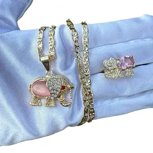 Elephant Necklace with Pink Center, Adjustable Set, Includes Elephant Ring, Elegant Design