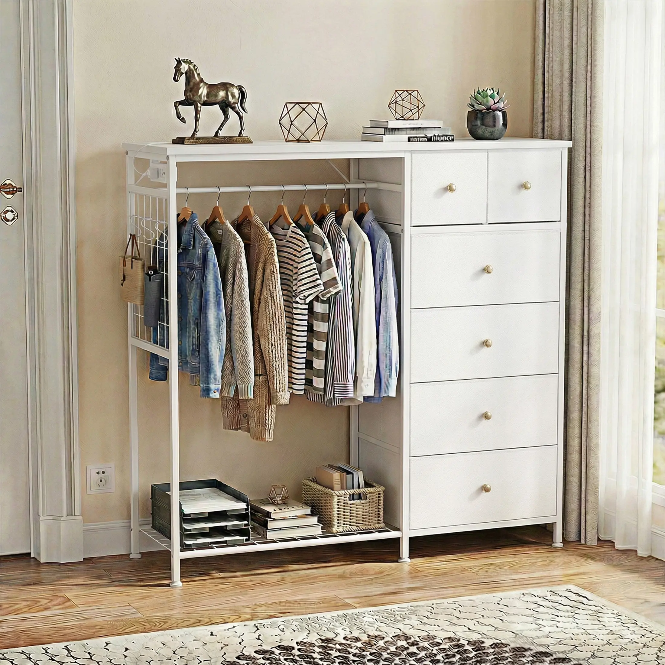 White 6-Drawer Dresser with Hanging Rack, Reversible Fabric Chest for Bedroom, Tall Storage Tower with Sturdy Frame, 44 Inch - TikTok Shop White 6-Drawer Dresser with Hanging Rack, Reversible Fabric Chest for Bedroom, Tall Storage Tower with Sturdy Frame, 44 Inch - TikTok Shop