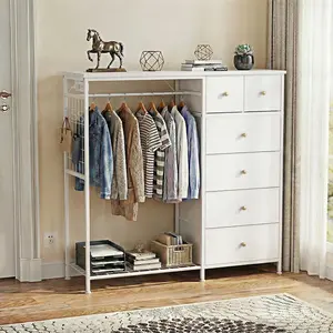 White 6-Drawer Dresser with Hanging Rack, Reversible Fabric Chest for Bedroom, Tall Storage Tower with Sturdy Frame, 44 Inch