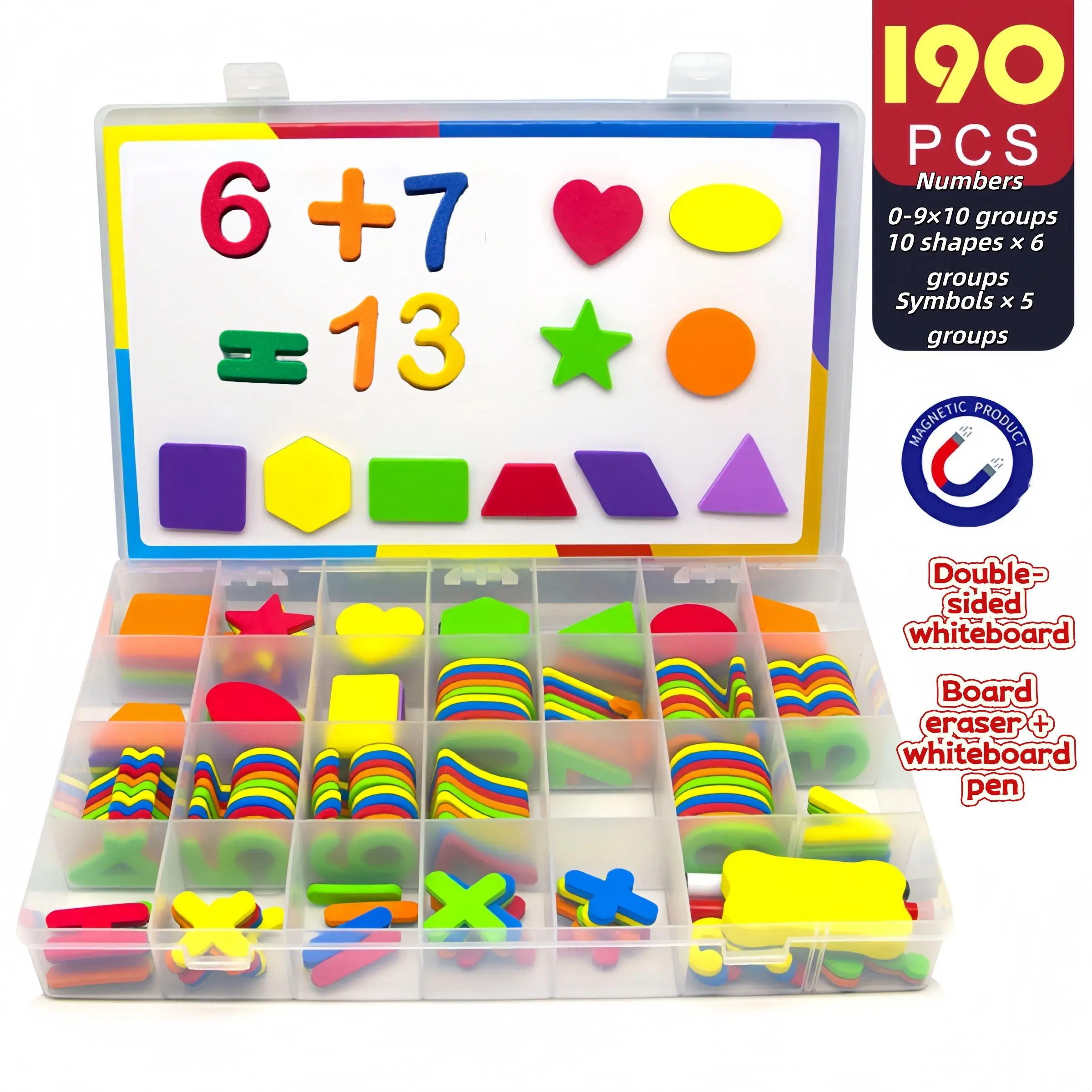 Magnetic Geometric Shapes and Number Symbols Learning Set, 190 Magnetic Tiles with Whiteboard, Pen, Eraser, Storage Box, Home Education Kit
