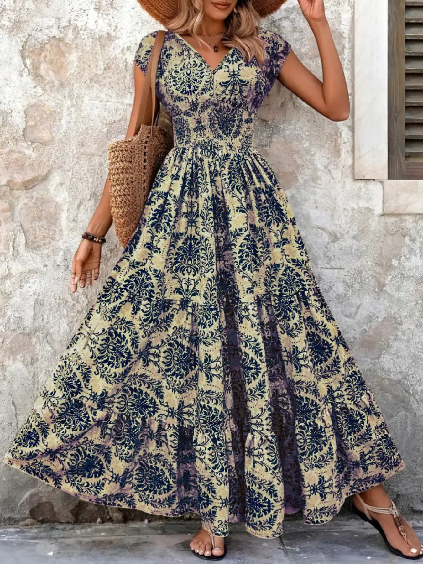 Summer New Plus Size Dress Fashion Aesthetics Elegance Elegant Vintage Print Paisley Bohemian Boho Style Dresses V Neck Short Sleeve Long Dress, Stylish Women's Clothing for Casual Wear, Boho Styles Fashion