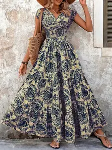 Summer New Plus Size Dress Fashion Elegant Vintage Print Bohemian V Neck Short Sleeve Long Dress, Stylish Women's Clothing for Casual Wear