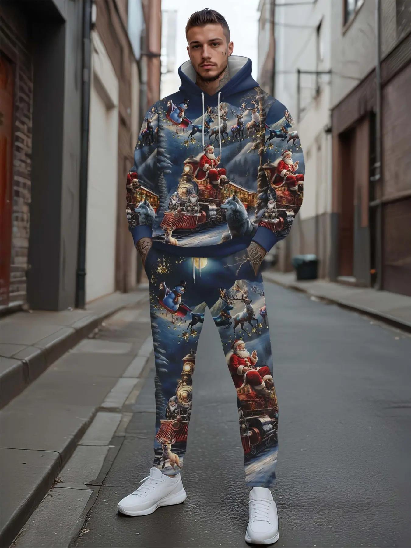Trendy Christmas Print Hoodie & Pants Set, Graphic Tracksuit, Casual Sportswear for Running & Outdoor Activities, Daily Wear, Long Sleeve, Fall&winter