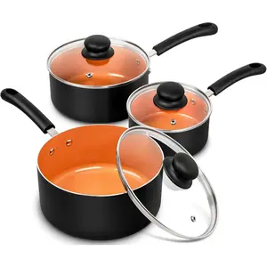 Nonstick Sauce Pan with Lid 1QT, 2QT & 3QT, Ceramic Saucepan Set, Copper Sauce pans, Non-Toxic Saucepan, Multipurpose Cooking Pots Set For Home Kitchen, Compatible induction