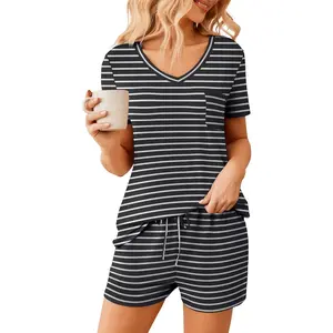 Womens Pajama Sets Short Sleeve Pajamas for Women Sets Soft Lounge Sets Casual V Neck Sleepwear PJS