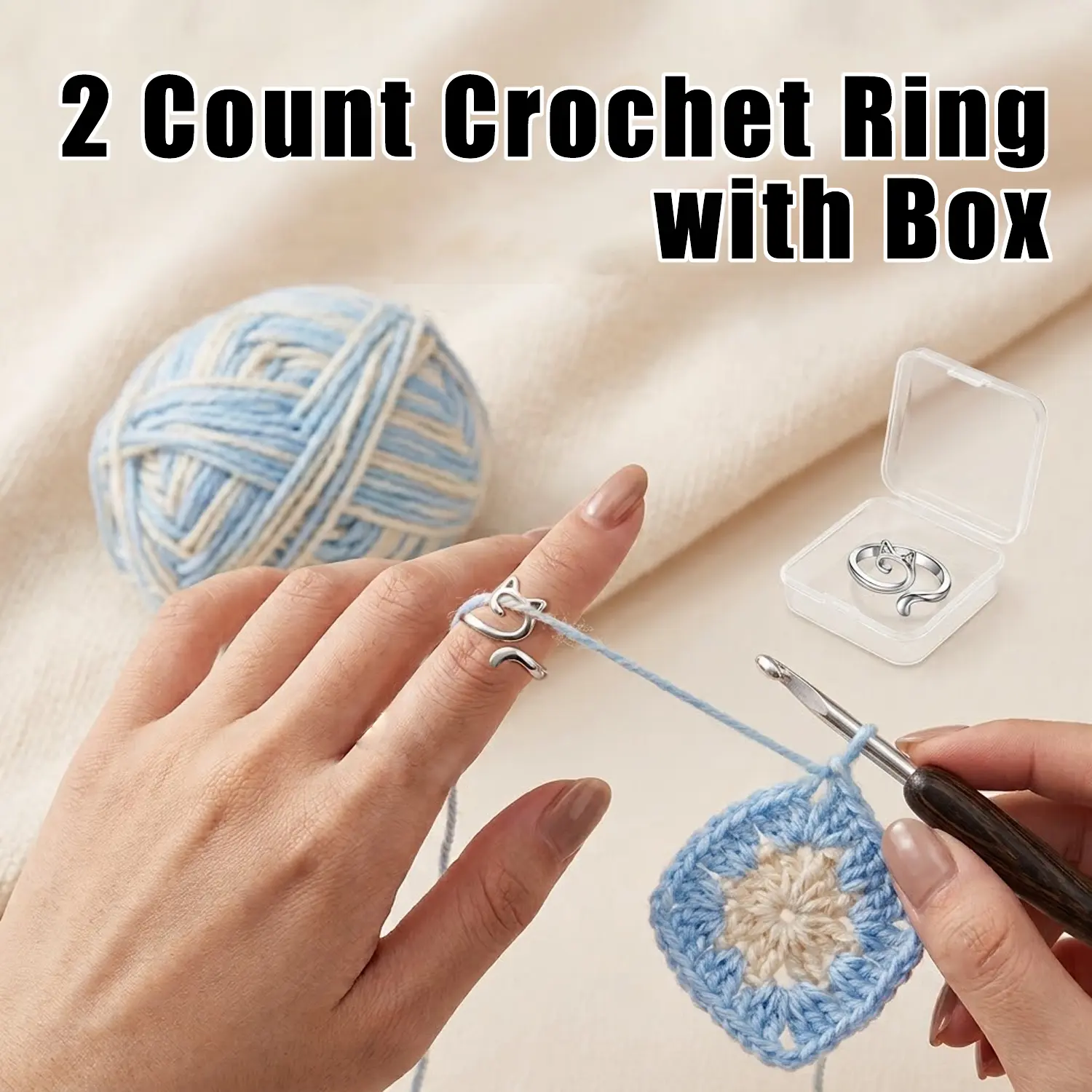 2 Count Crochet Ring with Box, Adjustable Ring for Finger Yarn Guide, Knitting Loop Crochet Ring, Knitting Accessory